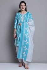 Women Teal Cotton Printed Ready To Wear Patiala Salwar Suit