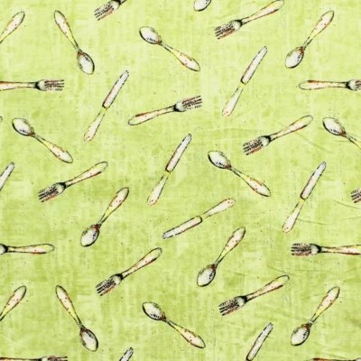 100% Cotton Fabric, Clothworks - Just Cookin' - Cutlery Green Kitchen Utensils