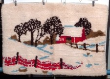 VTG Winter Wonderland Barn Fence Trees Handmade Latch Hook Rug Wall Hanging