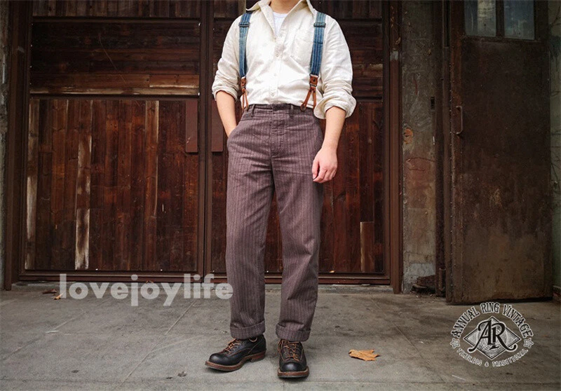 AR Vintage Men French Striped Suit Pants High Rise Straight Heavyweight Cotton - Picture 2 of 19