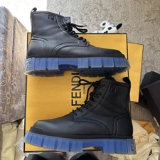 Fendi Men's "7U1485 Ahh0 F08M4" Black 100% Leather Combat Boots Shoes Sz 14