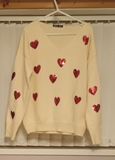 Women's V Neck Jumper , Size Small, With Sequin Red Hearts Cream