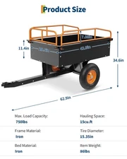 750LBS Tow Behind Dump Cart Garden Wagon Cart Trailer Utility Cart with 2 Wheels