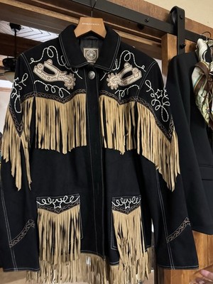 Double D Ranch Western Fringe Embroidered Star Jacket Black Tan Women's