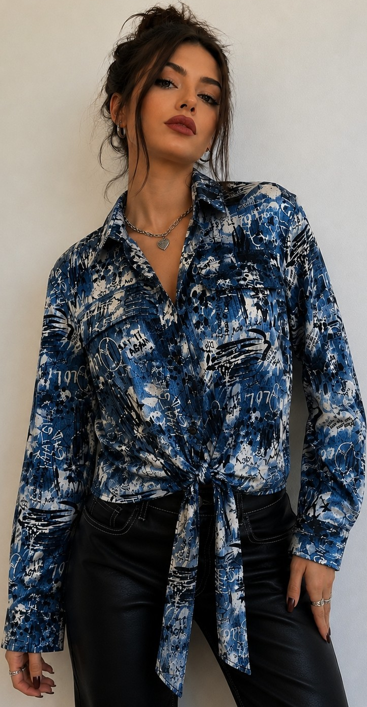 Women’s XL Blue Abstract Long Sleeve Collared Button-Down Tie-Front Blouse