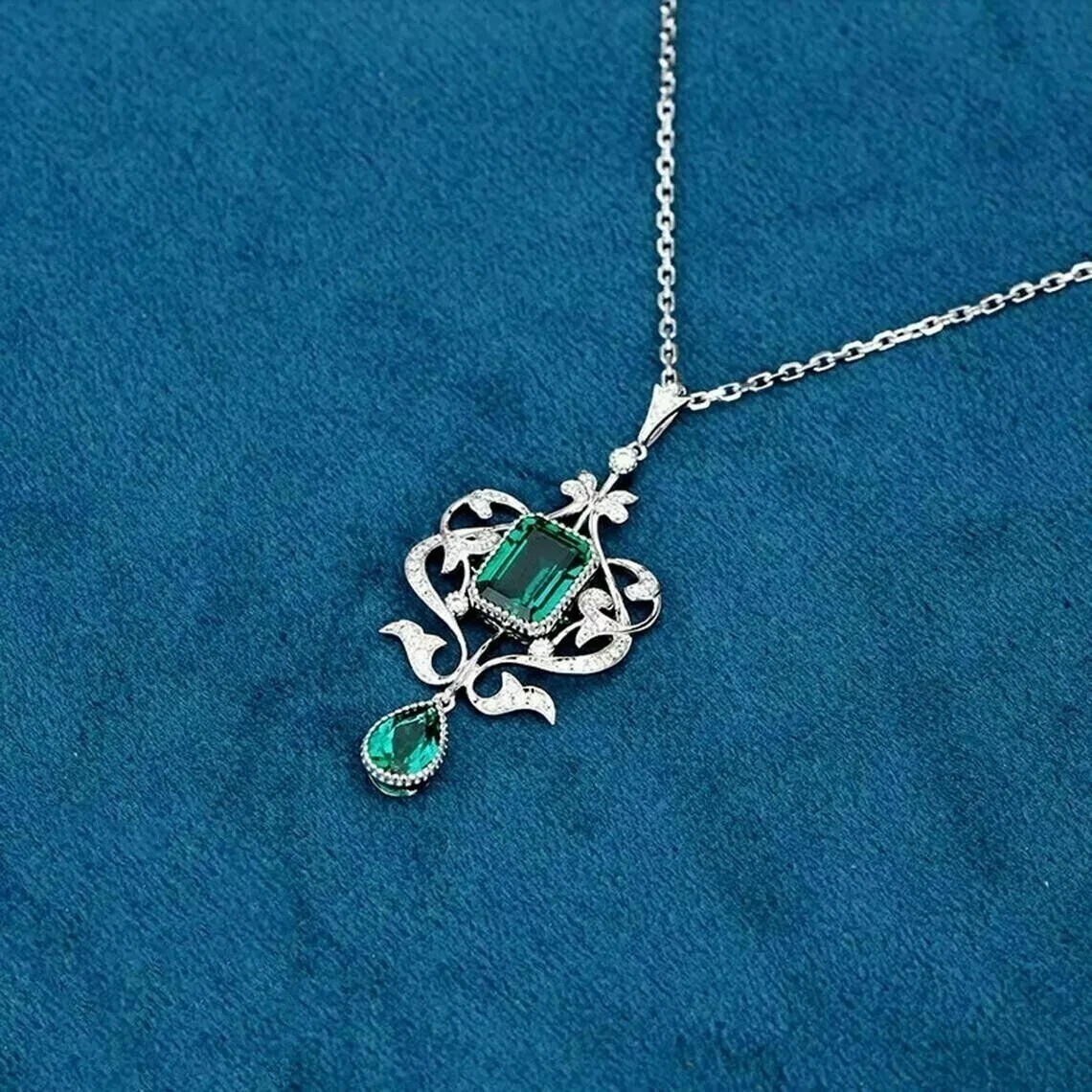 Art Deco Style Party Wear Emerald Lab Created Diamond 14k White Gold FN Pendant