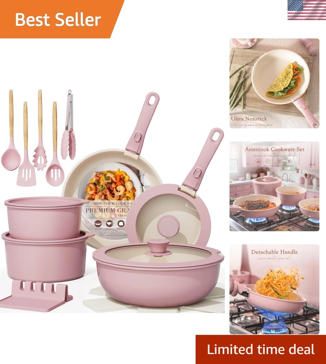 Non Stick Ceramic Cookware Set Pots and Pans 21pcs Detachable Handles Oven Safe