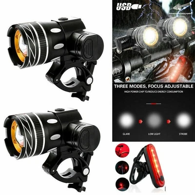 2X Mountain Bike Lights USB Rechargeable Bicycle LED Torch Front Rear Lamp Set