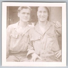 Vtg B W Snapshot Two Men Soldiers Hbt Military Uniforms Posing Together 1940s