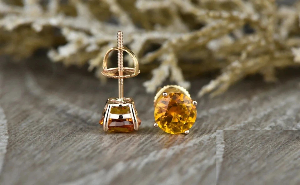 2ct Natural Round Yellow Citrine Screw Back Stud Earrings 14k Solid Rose Gold - Image 3 of 4