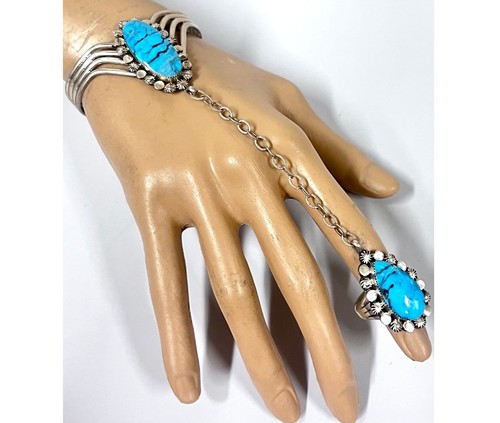 Beautiful Native American Sterling Silver Turquoise Slave Bracelet
