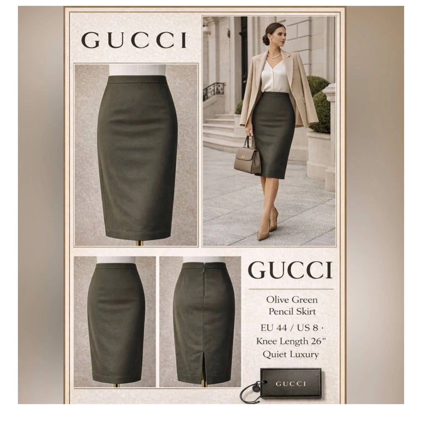 GUCCI chocolate Brown Zip Piano Pencil Skirt Medium 44 New retro rockabilly