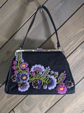 Vintage Isabella Fiore Embroidered Floral Shoulder Bag Black Purple Flowers