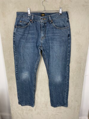 Men's Lee Regular Fit Straight Cut Jeans Size W34 L29 Blue Zip Fly Distressed