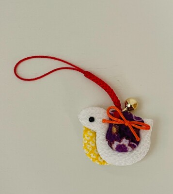 Japanese Kimono Fabric Netsuke Lucky Snake w/Bell  Keychain Charm Strap Handmade