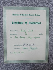 1952 Wanstead & Woodford Music Festival certificate - solo singing/mezzo soprano