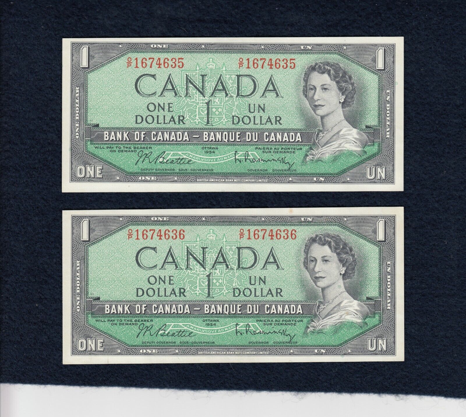 Lot of 4 Consecutive 1954 Bank of Canada $1 Banknotes - BC-37b-i
