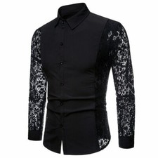 Men's Crochet Flower Lace Long Sleeve Blouse Top Party Wedding Slim Casual Shirt