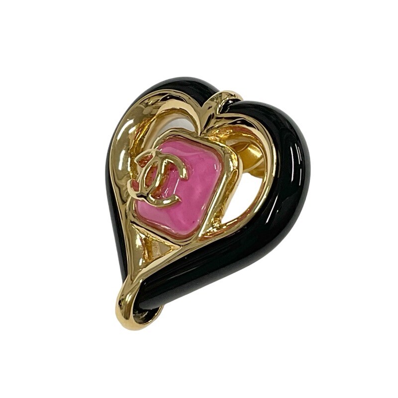 CHANEL Heart Coco Mark Ladies Pin Brooch Corsage Gold Pink Black