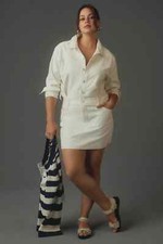 NWT Anthropologie Long-Sleeve Denim Mini Shirt Dress 1X Ivory Jean