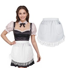 Women Lace Waist Apron Cotton Half Apron with Pockets for Maid Costume Kitchen