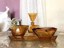 EDEL Art Déco antik 4Teile Kristallglas Frisiertisch  Garnitur Dose Flacon gelb