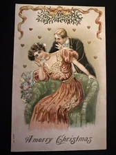 Romantic Victorian  Couple Under Mistletoe ~Antique Christmas Postcard~m12