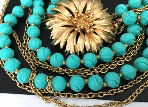 Vtg Necklace SIGNED TRIFARI Blue Bead Multi Gold tone Chain Jewelry lot v