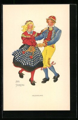 Künstler-AK sign. Aina Stenberg: Paar in Trachten aus Hälsingland 