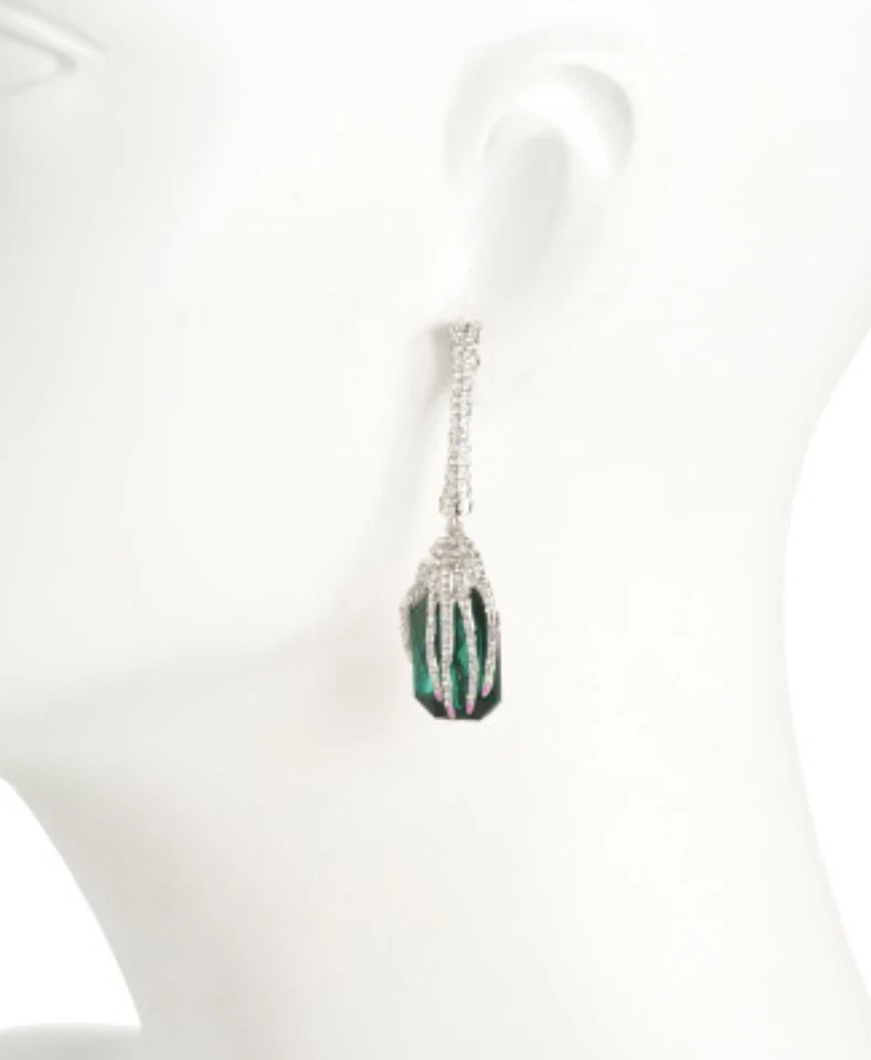 NEW BETSEY JOHNSON SKELETON HAND WITCH HAND PAVE DROP EARRINGS PINK NAILS  - Image 2 of 4