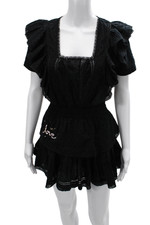 Love Shack Fancy Womens Black Polka Dot Square Neck Short Sleeve Dress Size S