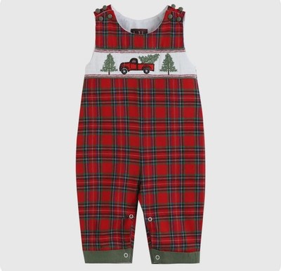 Lil Cactus Red Plaid Truck & Tree Smocked Overalls