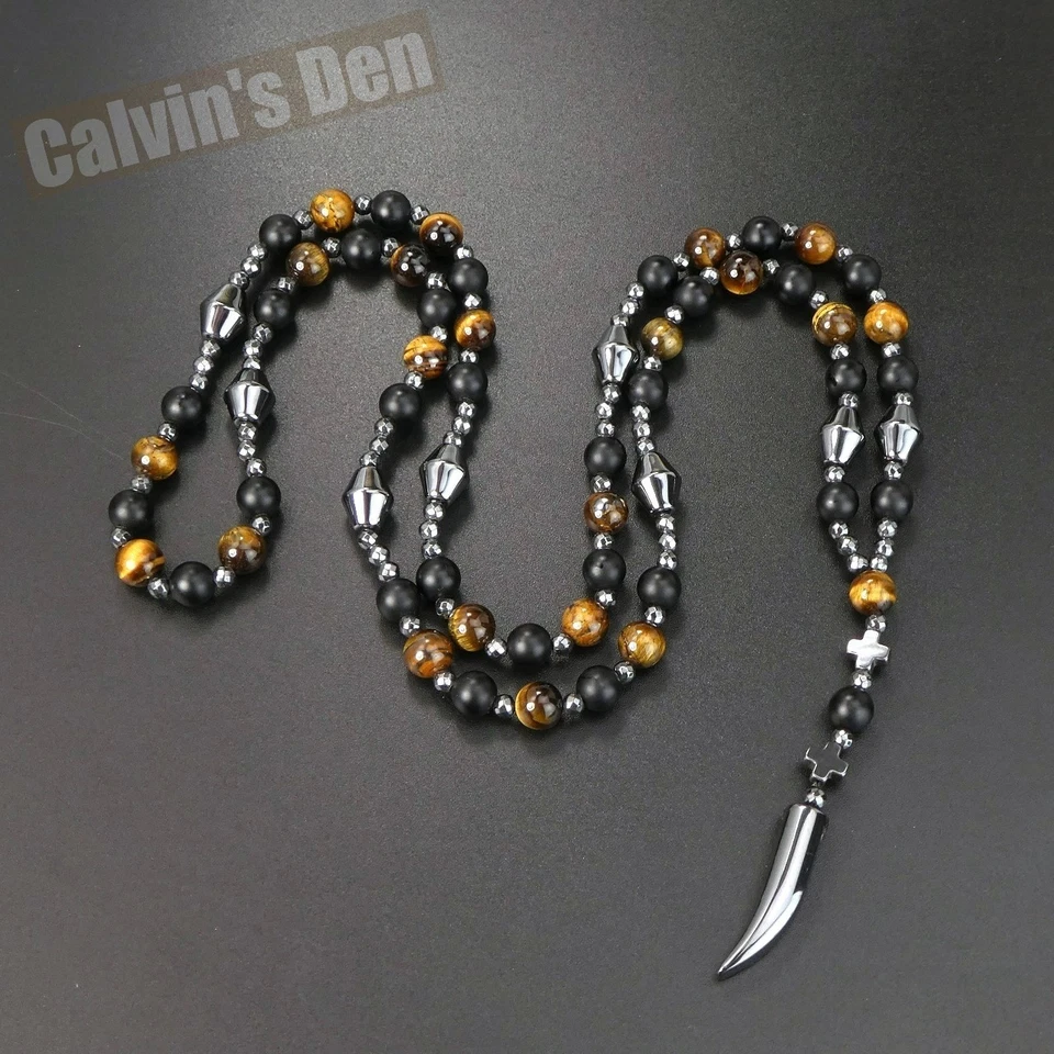 Tiger Eye Matte Black Obsidian Black Hematite Tooth Pendant Necklace Men Gift - Image 3 of 4