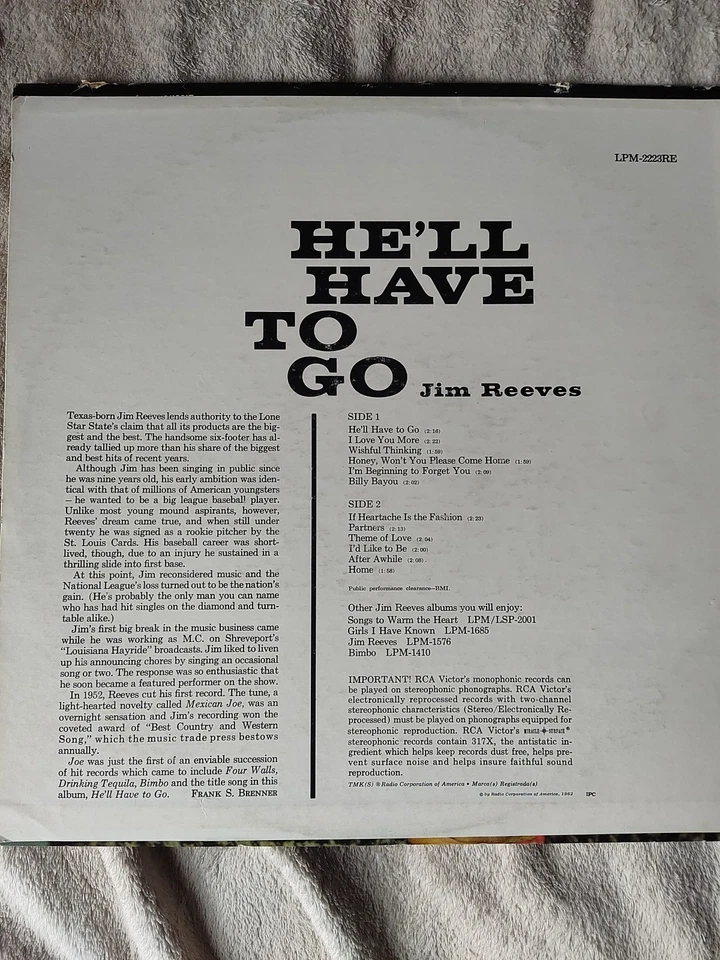 Jim Reeves He'll Have to Go and Other Favorites RCA Victor LPM-2223 Vinyl 1962 - Imagem 2 de 4