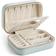 Genuine Leather Travel Jewelry Organizer Case with Mirror for Women, Small Mi...