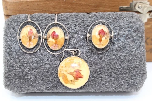 Vintage Sterling Silver 925 Dried Flowers Heart Pendant, Ring, & Earring Set