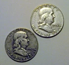 Lot of Two Franklin Half Dollar Coins, 90% Silver, 1952 and 1954-D