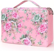 200 Slots Pencil Bag 4Layer PU Leather Colored Case Organizer Pink Rose