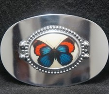 XH17128 VINTAGE 1970s BLUE RED BUTTERFLY INSECT ARTWORK MENS BELT BUCKLE