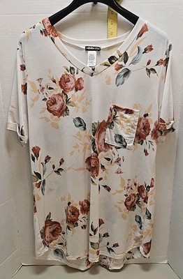 HEIMISH USA Rose Motif Blouse Womens 1XL (XGrande) V-Neck Pocket Cuffed Sleeves 