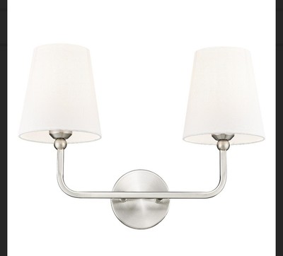 2 Light Bathroom Light Fixtures, Brushed Nickel, White Fabric Shade, Modern