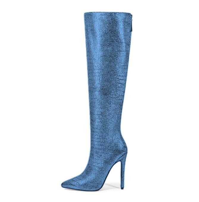 Women's Cracked Snakeskin Pointy Toe High Heel Slim Over Knee Boots