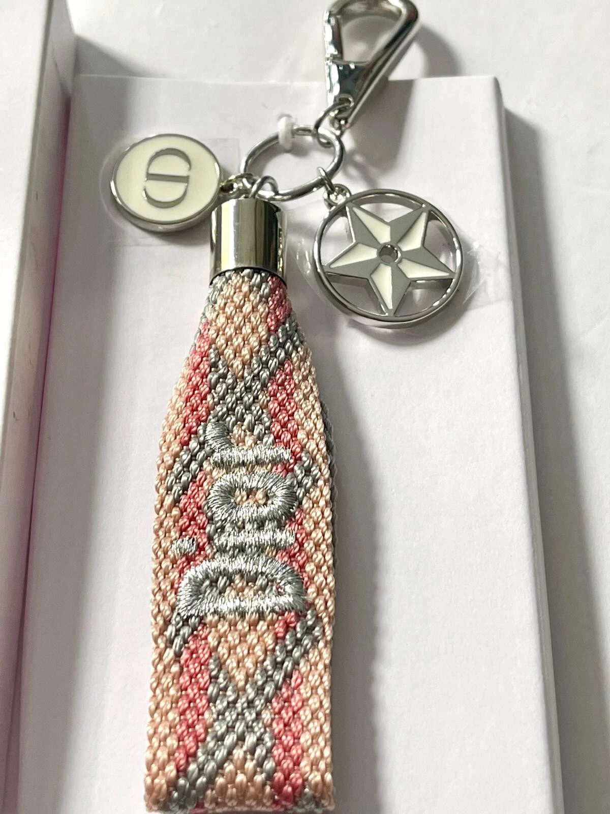 Vintage Dior perfume keychain Keyring Bag Charm Silver Rose tone