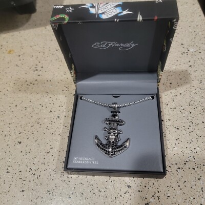 Rare Ed Hardy 26'' Inches Stainless Steel Chain With Ancho Skull Necklace Pendant