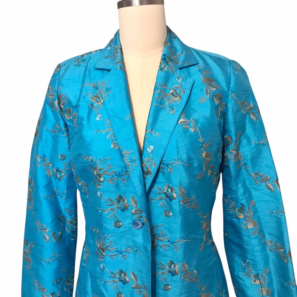 Chaqueta De Colección Karen Kane 100% Seda Bordada Turquesa Elegante Dinero Antiguo Talla S Foto 2 de 4