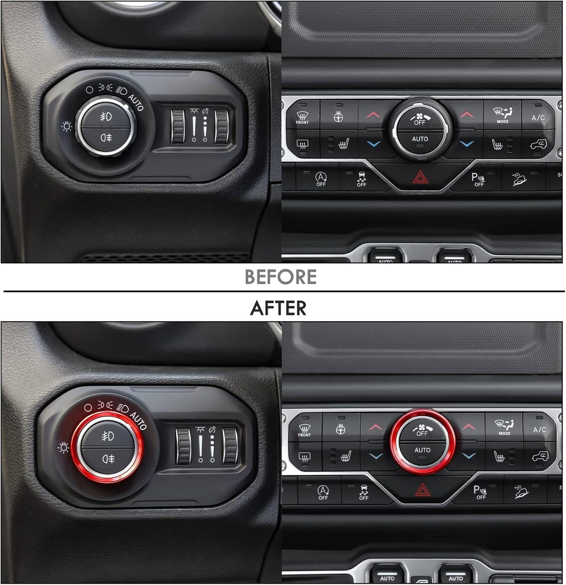 Red Air Conditioner & Headlight Switch Knob Trim Ring – Fits Jeep Wrangler JL 2018+ & Gladiator JT 2020+