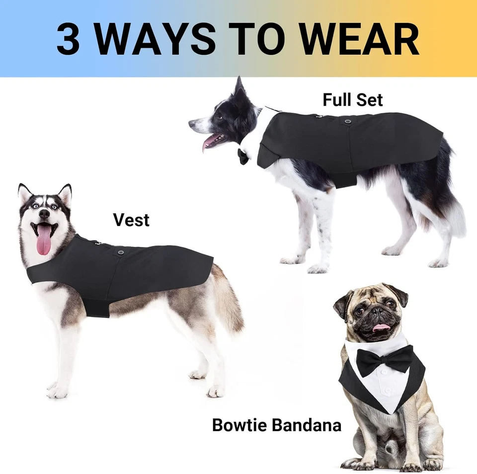 Traje de Esmoquin y Pañuelos para Perro Disfraz de Boda Formal, Collar Ajustable para Mascotas con Foto 3 de 4