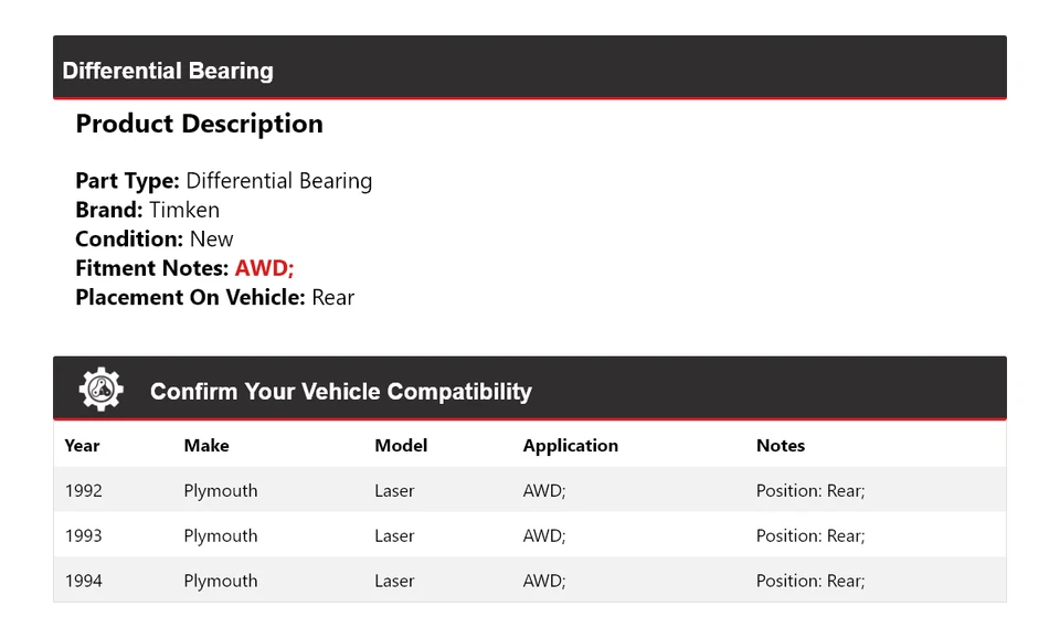 Cojinete diferencial trasero Timken 1993 para Plymouth Laser AWD para 1992-1994 Foto 2 de 3