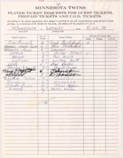 Minnesota Twins Player Ticket Request Form! Vintage! Signed! 16214