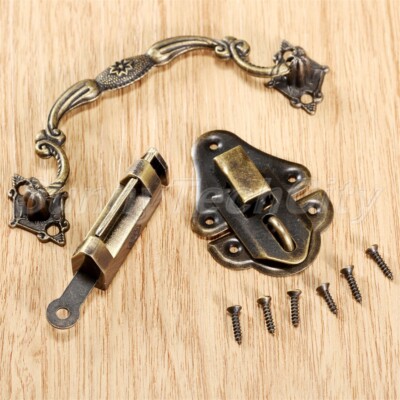 Vintage Box Latch Hasp Pull Handle Lock Kit Jewelry Case Cabinet Chest Hardware
